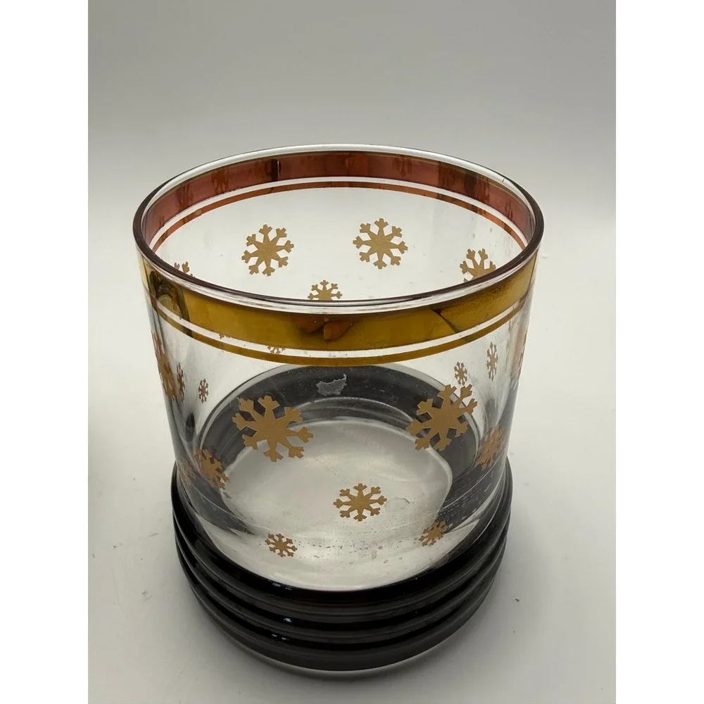 Vintage Style Gold Snowflake Rocks Glasses Black Ribbed Base Set of 2 Holiday